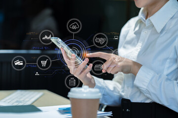 Digital transformation technology strategy, woman using laptop, tablet and smartphone with of things. transformation of ideas and the adoption.