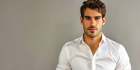 Obraz premium A Man's Poised Elegance in a Crisp White Shirt Against a Gray Background