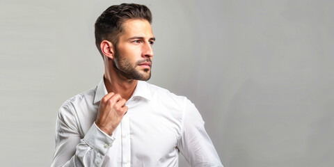 Obraz premium A Man's Poised Elegance in a Crisp White Shirt Against a Gray Background