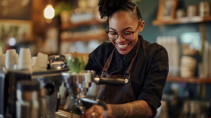A beautiful African American black woman with tattoos who is bartender waitress, barista, on her job in a cafe or cafeteria, preparing coffee in the cafe where she works like an employee with a smile