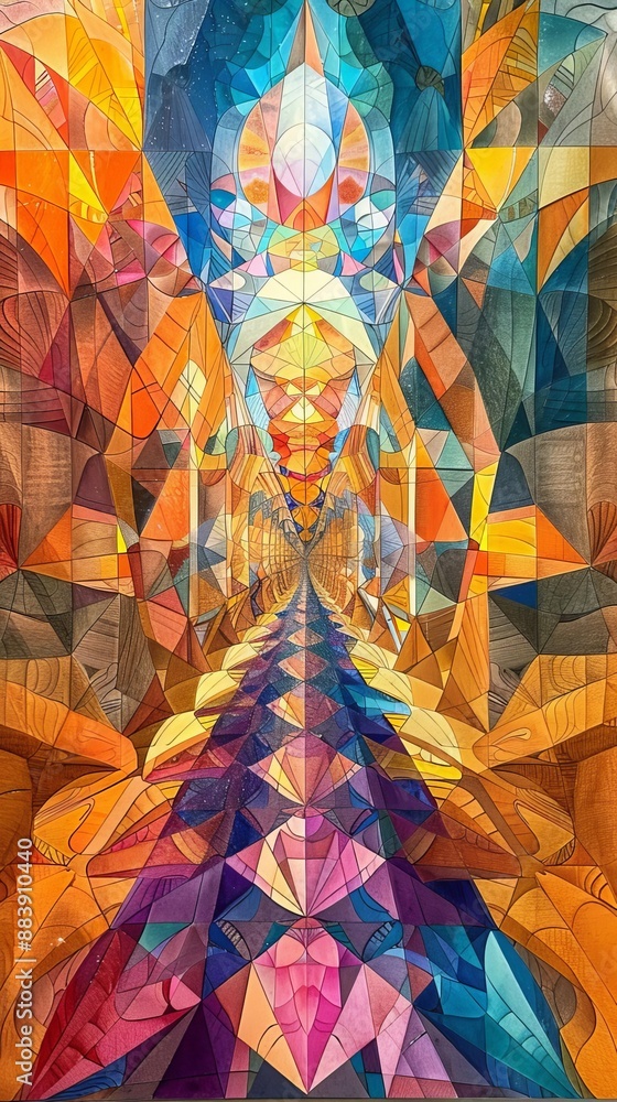 Poster abstract geometric art with vibrant colors and intricate patterns, creating a kaleidoscopic and symm