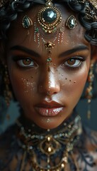 Close-up of a woman with intricate facial jewelry and makeup, showcasing detailed adornments and a captivating gaze.