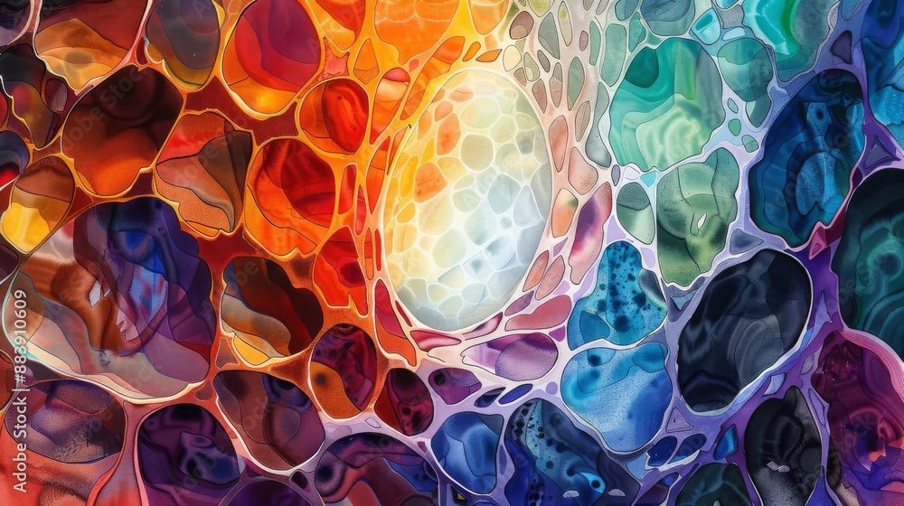 Poster vibrant abstract artwork with a blend of colors, resembling fluid cells or organic structures, creat