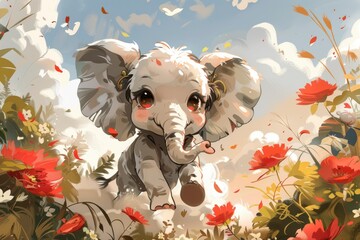  A happy baby elephant rides on a cloud, white and blue color, peaceful, white, flat, style uses simple, colorful ink washes in a cartoon