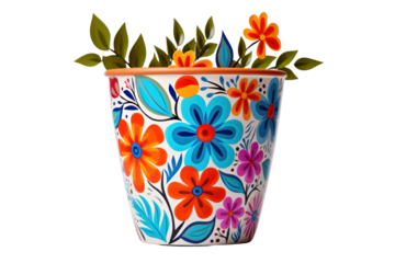 A whimsical, hand-painted flower pot adorned with colorful floral patterns, isolated on a white background.