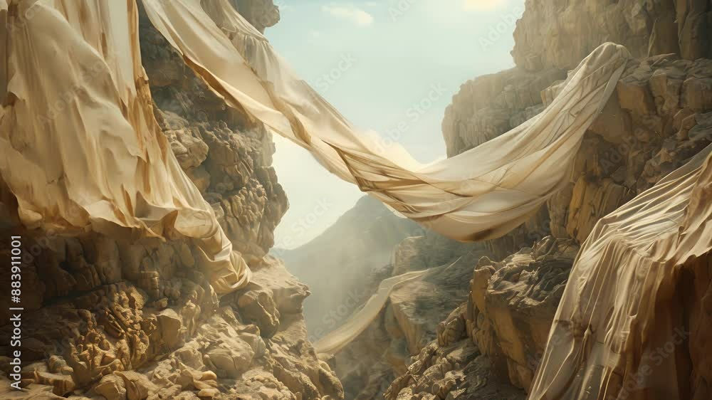 Poster layers of fabric hang like curtains between the rugged rock formations creating an ethereal and drea