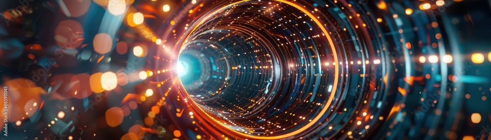 Poster a mesmerizing view of a futuristic tunnel with vibrant lights and glowing patterns, creating a sense