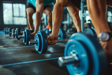 Close-up of a group of people lifting dumbbells off the floor. With fitness equipment behind people exercising and building muscles at the gym; healthy lifestyle