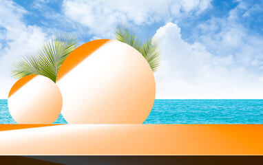 Summer background nature travel Palm leaves, cement table on sea blue sky, top Deck mockup product...