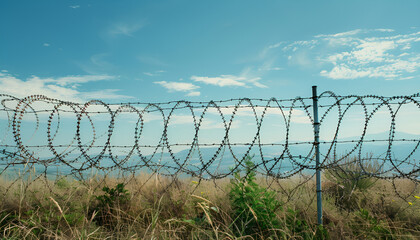 Barbed wire fence against a blue sky and a hilly grassy area. Closed military area