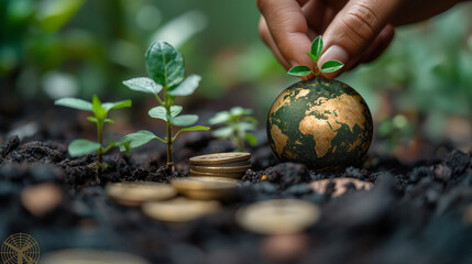 Glass globe with growing tree and coins Green nature blurred background green business investment ideas Savings and financial growth, environment, society and good governance in business.