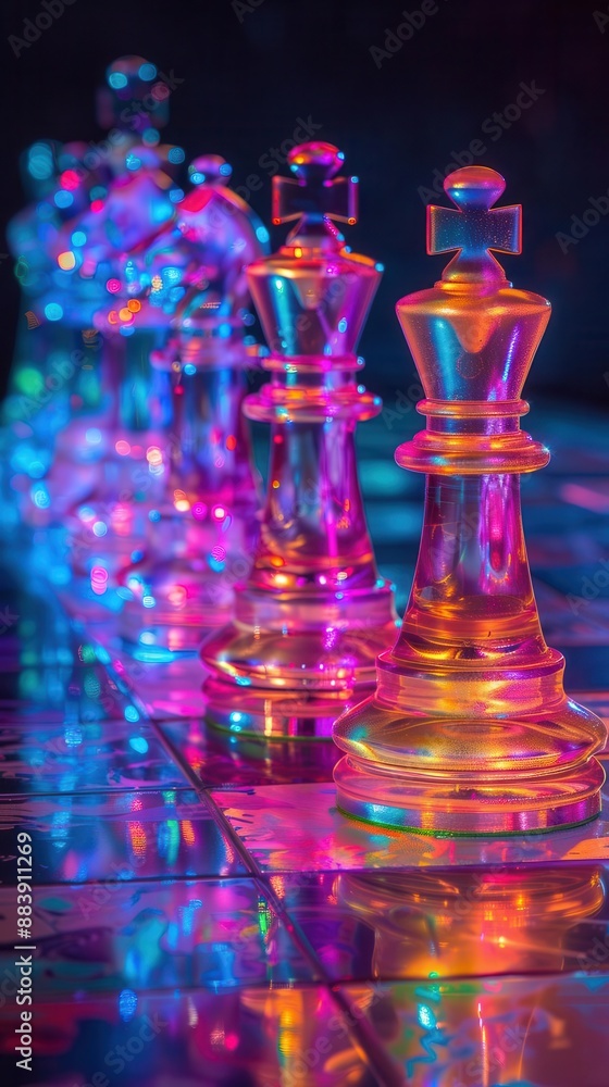 Poster vibrant chess pieces illuminated with multi-colored lights create a stunning effect on a reflective 