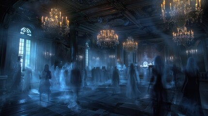 Ethereal Dance of Ghosts in Haunted Mansion Ballroom with Flickering Candlelight