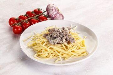 Pasta Carbonara with beef bacon