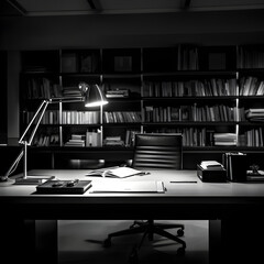 Black and White Depiction of a Professional, Clean and Organized Office Space with Modern Aesthetics