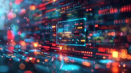 Colorful abstract technology interface background, featuring a digital display with vibrant, dynamic data patterns. High-tech and futuristic concept.