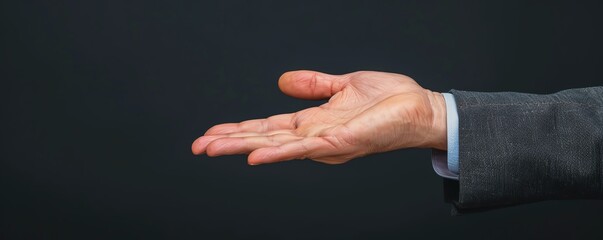 Business hand with an open palm against dark background, business support