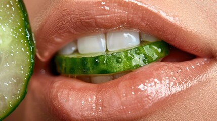Obraz premium Close-up of a woman biting into a cucumber slice. AI.