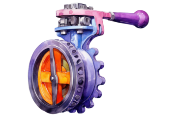 A watercolor painting of a butterfly valve with vibrant colors and soft brushstrokes, isolated on a white background