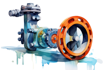 A watercolor painting of a butterfly valve with vibrant colors and soft brushstrokes, isolated on a white background