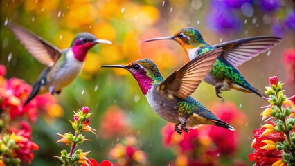 Obraz premium Colorful humming bird are flying near flowers and pecking at water droplets falling from beautiful wild flowers pollen.