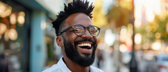 Fototapeta premium A young man with a beard and glasses is smiling. AI.