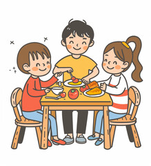 Three Happy Children Eating Together at Dining Table