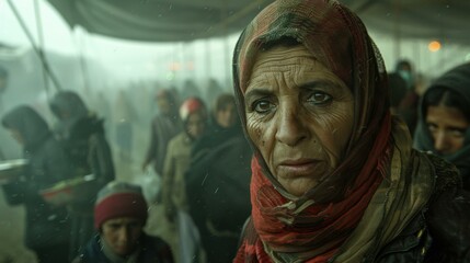 Fototapeta premium Portrait of a weary-looking woman wearing a headscarf in a crowded and dusty environment. AI.