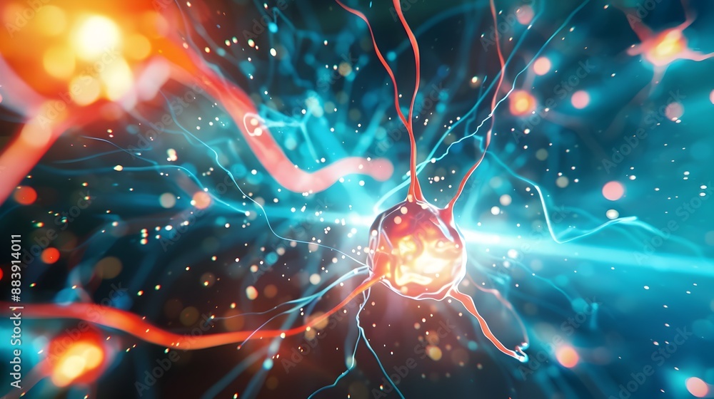 Poster captivating digital renderings of auditory nerve cells firing in response to sound stimuli