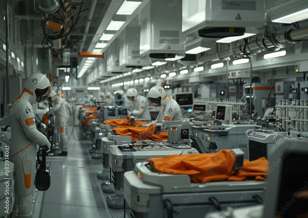 Poster workers in futuristic lab coats work on various projects in a high-tech lab. ai.