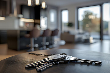 Set of Keys on a Counter with Blurred Modern Living Room and Kitchen in Background, Featuring Purple Accents