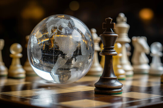 Crystal globe and chess pieces on the chessboard Tactical and competitive thinking, strategy, leadership. and the concept of success Global Strategy