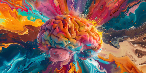  vibrant and colorful abstract representation of a human brain  It features a spectrum of colors and a dynamic, swirling pattern that gives the illusion of the brain's neural activity.