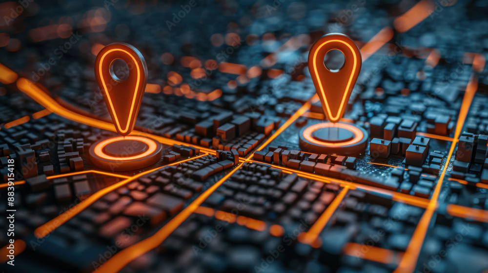 Poster abstract digital city map with glowing navigation pins, representing gps or location tracking techno