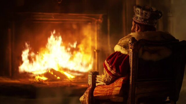 A Tudor king in front of a roaring open fire.
Re-creation of an historic English king relaxing in front of an open fire.