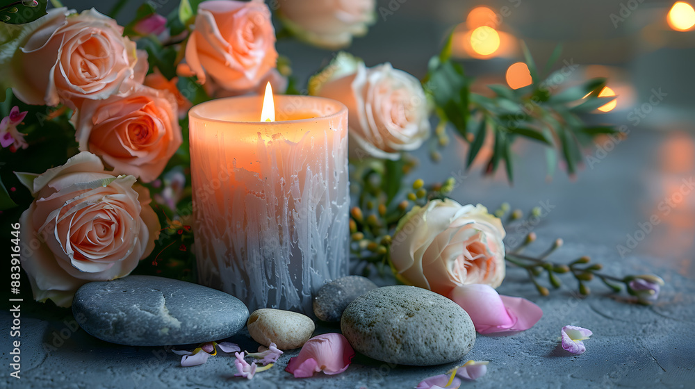 Wall mural a candle and rocks flowers on a table