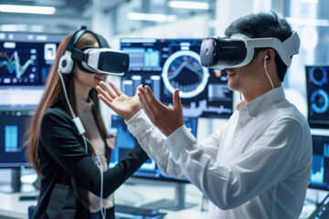 Two professionals using VR headsets in a high-tech office, exploring virtual reality in a modern technological environment.