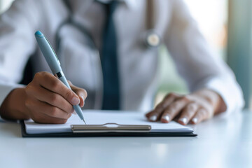 Medical professional writing on a clipboard in a clinical setting, emphasizing healthcare documentation and patient care.