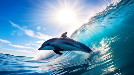 Fototapeta premium Dolphin leaping gracefully from the crest of a wave under the bright sun sea, AI Generated