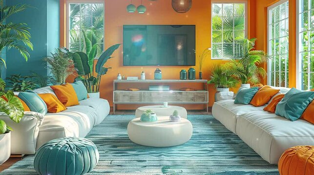 Video of living room with a TV a double sofa, design interior ideas, modern house.
