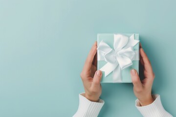 A pair of hands holding a blue gift box adorned with a bow, isolated against a blue background with space for text