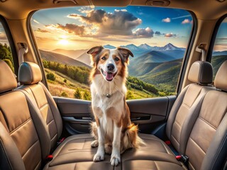 Happy canine companion perched between empty seats of a car, surrounded by scenic landscape, evoking feelings of freedom and adventure on a pet-friendly journey.