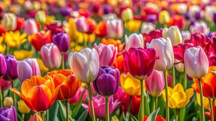 Field of tulips in vibrant pink, yellow, orange, purple, and red, creating a colorful nature background