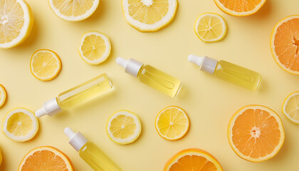 Skincare ampoules with vitamin C and citrus slices on yellow background, flat lay