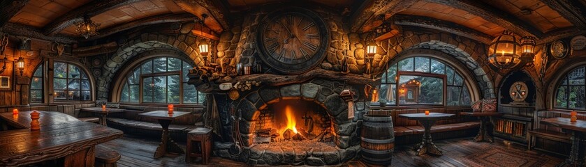 Oldschool fantasy inn, roaring fire, travelers tales, ale, and hearty meals