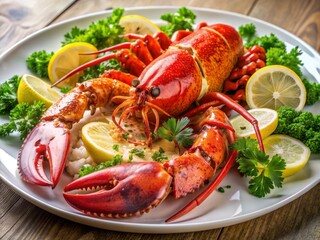 Luxurious seafood dish featuring massive lobster and king crab arranged artfully on a pristine white plate with fresh parsley and lemon accents.