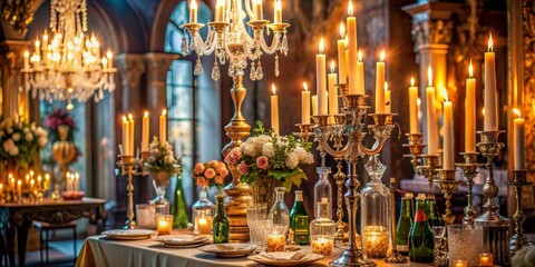 Luxurious champagne bottles, candelabras, and ornate decorations fill a lavish party scene, evoking the opulence and glamour of a bygone era's grand celebration.