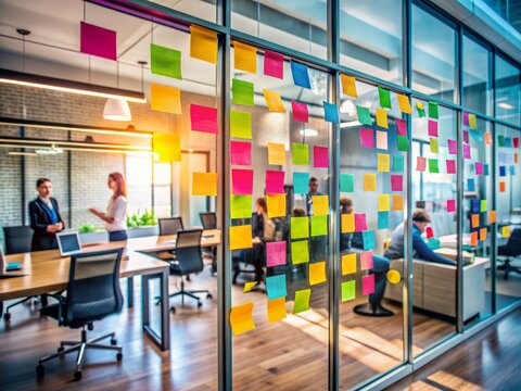 Vibrant office scene with colorful sticky notes covering a glass wall, overflowing with innovative ideas, symbolizing creative marketing strategy and collaboration.