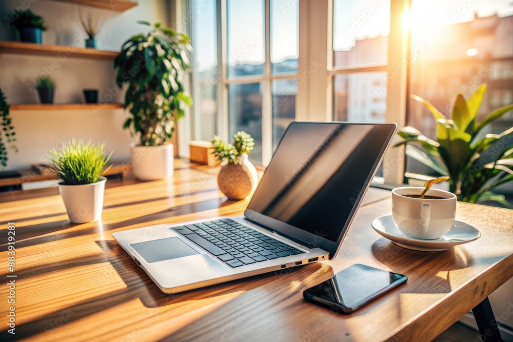 Poster a modern laptop computer sits on a clean desk with fingers typing away on the keyboard, surrounded b