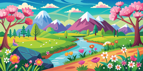 Obraz premium spring landscape background, simple, vector art illustration.AI GENERATED